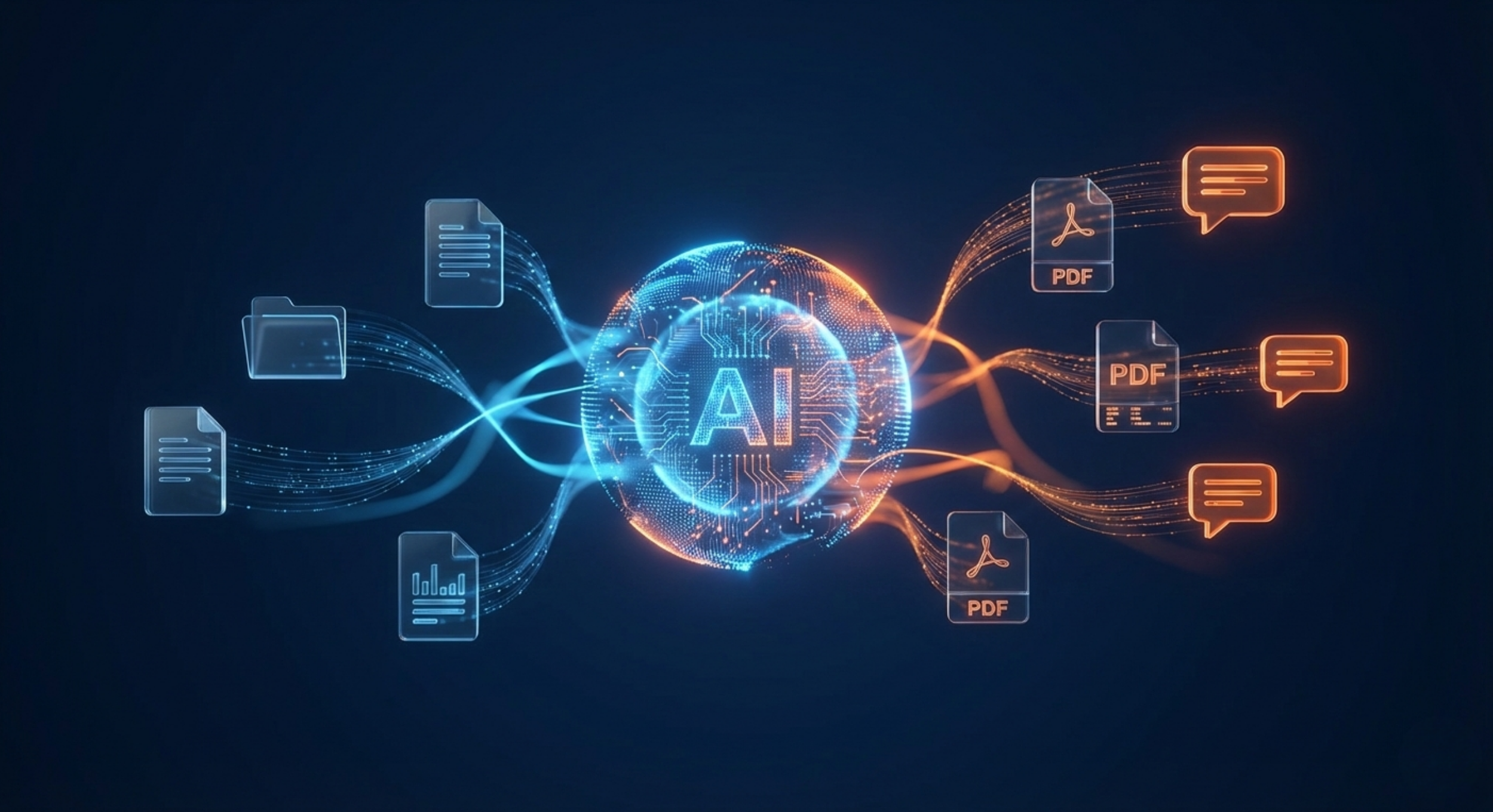 Ilustração 3D de um núcleo de Inteligência Artificial da MovvaTech processando manuais corporativos e documentos em PDF para otimização de SAC