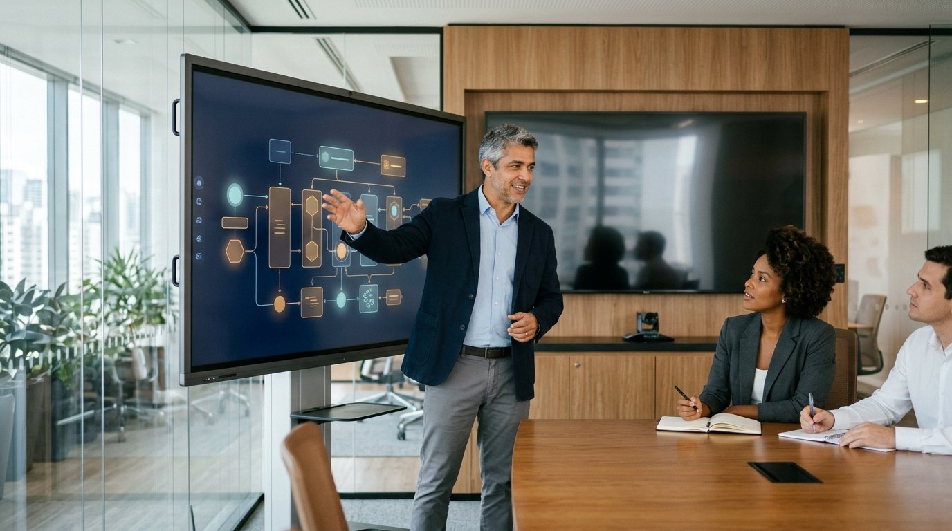 Arquiteto de soluções sênior conduzindo sessão executiva e formação de CoE híbrido com liderança corporativa
