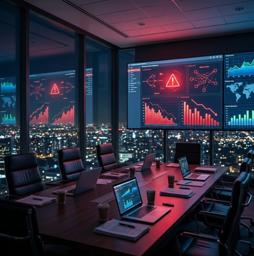 Contraste visual entre o controle da engenharia de TI e o caos de sistemas da Shadow Automation