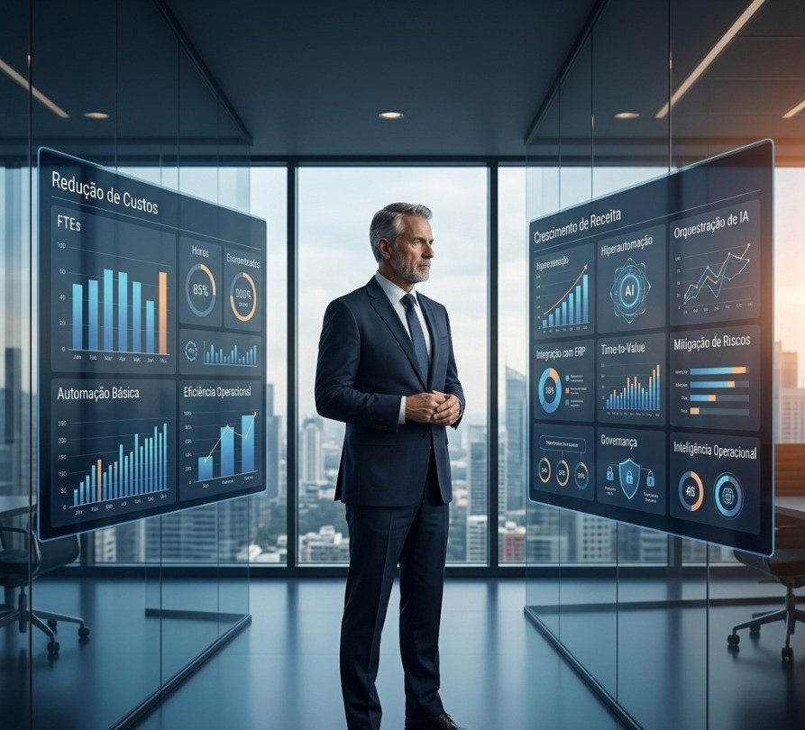 Executivos analisando dashboard de hiperautomação e ROI com inteligência artificial em ambiente corporativo